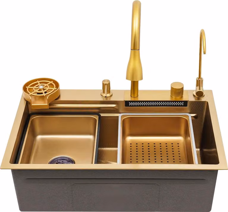 Lavello - Monovasca - 68×46×22 cm - Acciaio inox 201 - Rubinetto estraibile - Insonorizzazione - Antiruggine - Oro