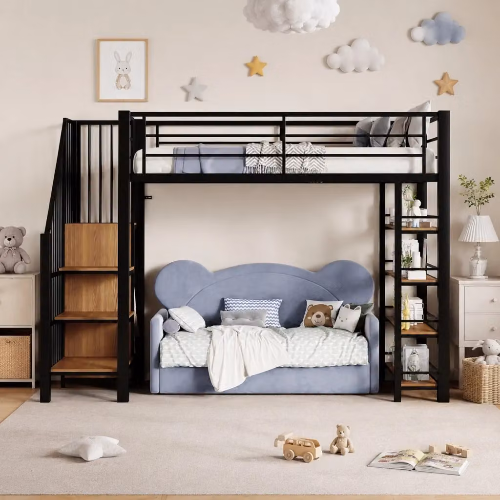 Letto a soppalco singolo REDOM in metallo nero con scala a gradini e ripiani laterali L/P/H: 200 x 90 x 120 cm – 2