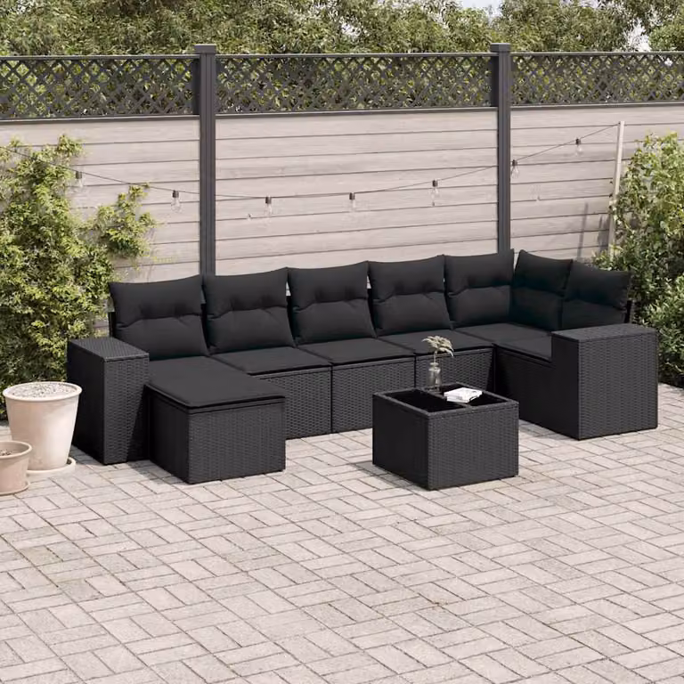 Set di divani da giardino vidaXL a forma di L in polyrattan nero con 8 pezzi e cuscini inclusi