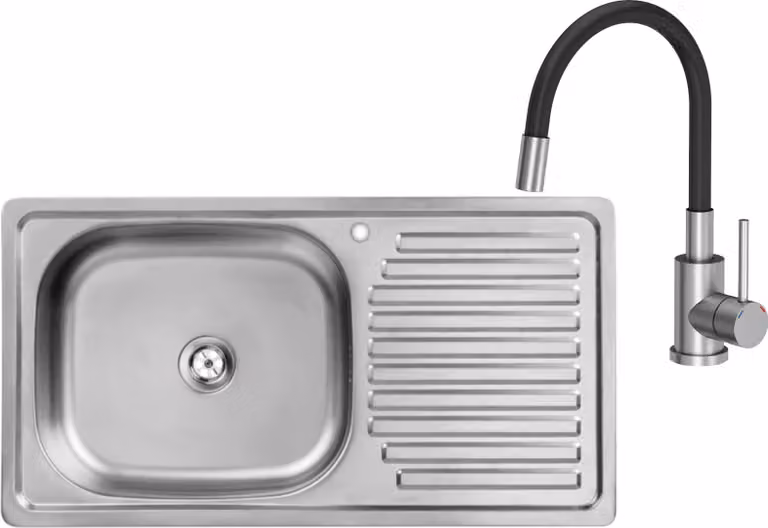 VBChome Lavello in acciaio inox con rubinetto 75x40x14 cm Lavello da cucina in acciaio inox liscio con foro per rubinetto a destra Gocciolatoio Sifone Rubinetto con bocca flessibile
