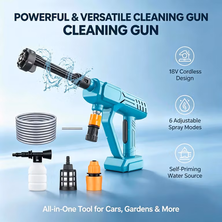 Pistola per idropulitrice ad alta pressione - Alimentata a batteria - 18 V - 45 bar - Ugello 6-in-1 - Portatile - Batteria non inclusa