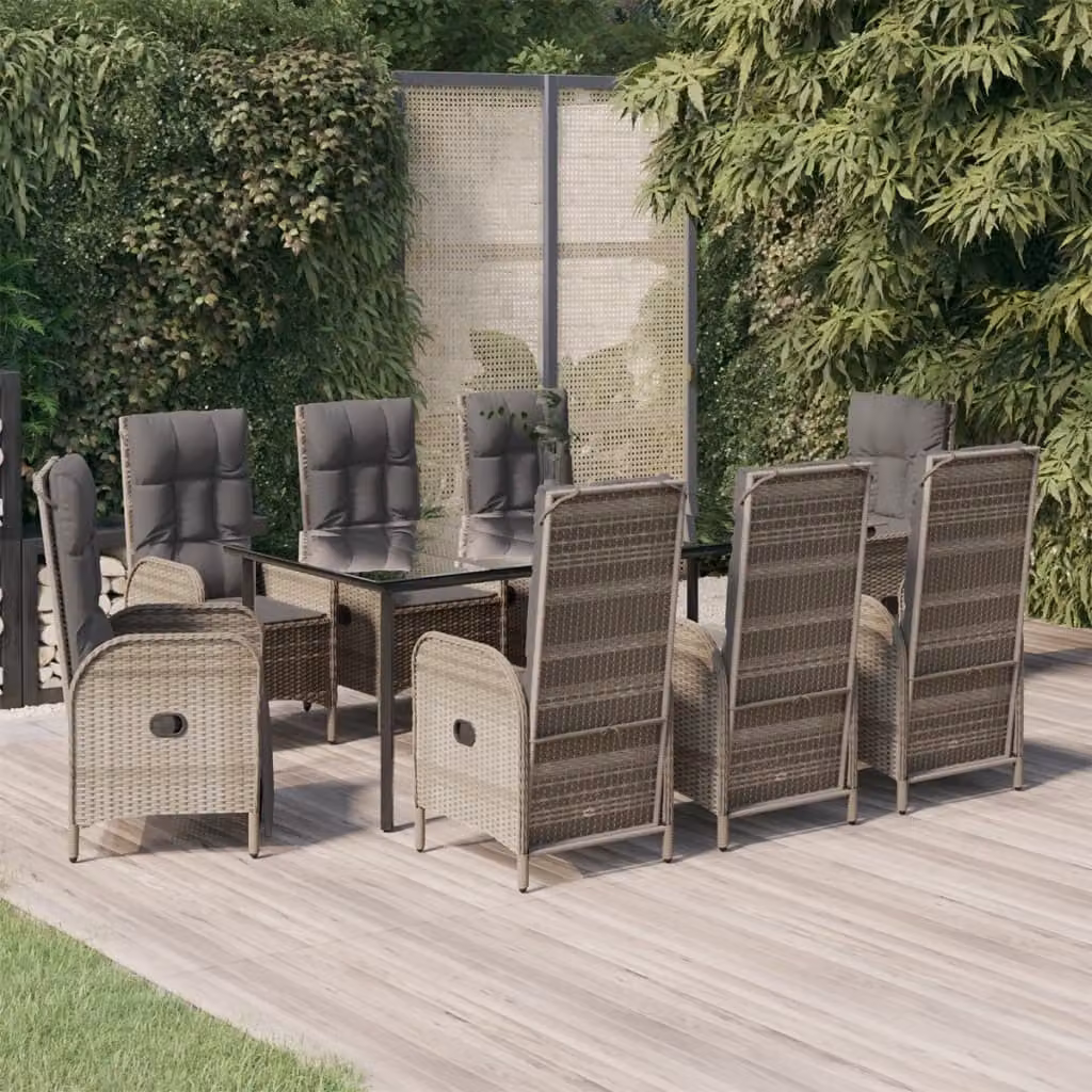 The Living Store Set da pranzo da giardino 9 pezzi con cuscini in poly rattan nero e grigio