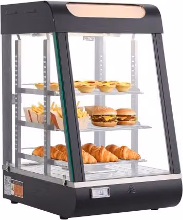 VEVOR Espositore Scaldavivande Commerciale Elettrico a 3 Livelli con Luce LED e Riscaldamento a Vapore, Nero, L: 85 cm, P: 47 cm, H: 64 cm