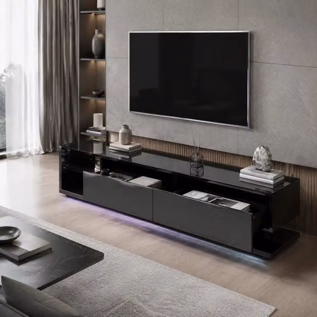 Mobile TV Mivray moderno in truciolare nero lucido con 2 cassetti, 2 ripiani in vetro e illuminazione LED multicolore controllabile tramite app