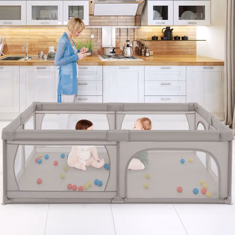 Recinto extra large Costway per neonati e bambini con rete traspirante, box per interno ed esterno Grigio