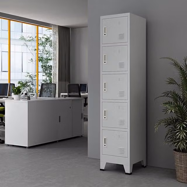 Armadio Spogliatoio Joroinen en.casa Mobile a Colonna in Acciaio con 5 Ante e Serratura Grigio H: 180 cm, L: 45 cm, P: 38 cm