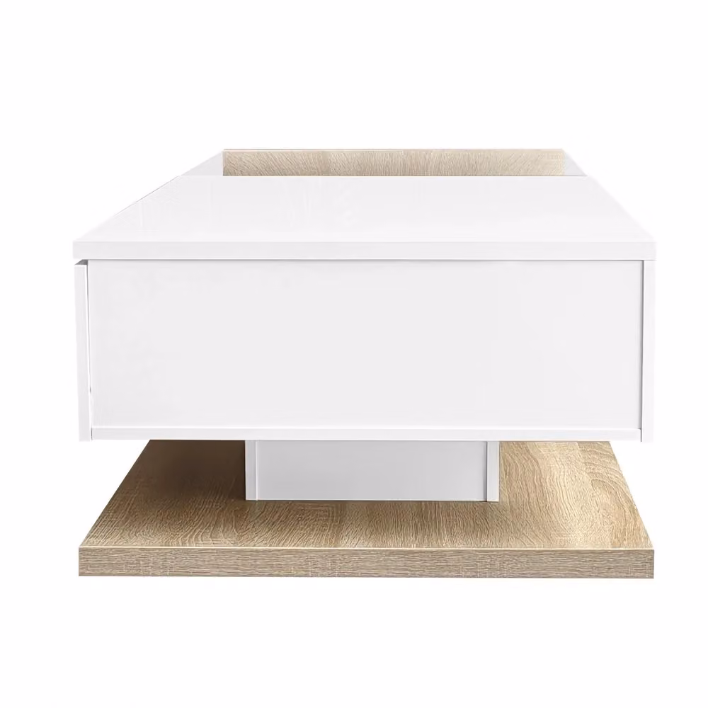 Tavolino da caffè MINIMAL con LED, piano in vetro, finitura bianco lucido ed effetto legno, L: 55 cm, P: 32,5 cm, H: 30 cm – 2