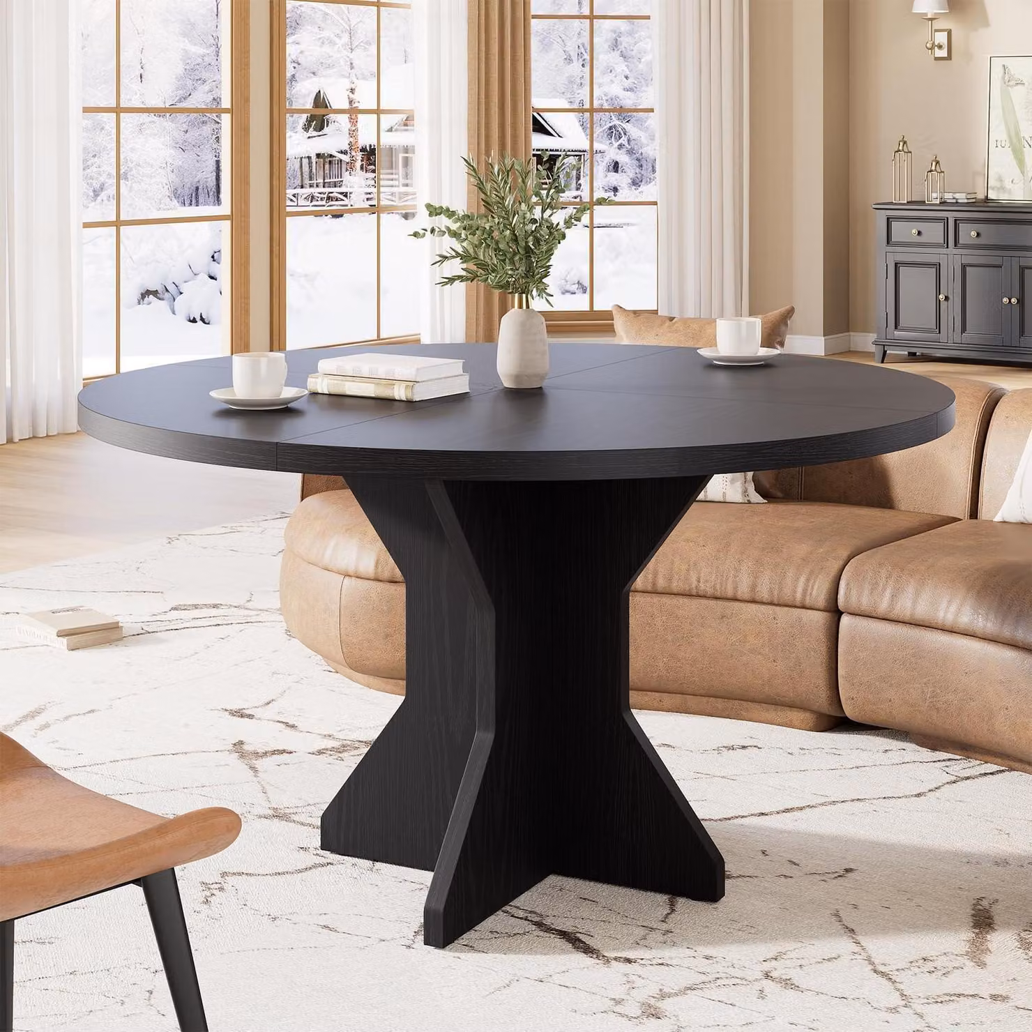 Tavolo rotondo da pranzo per 4-6 persone, tavolo da cucina con base in legno, design industriale, dimensioni 120x120x75 cm, colore nero