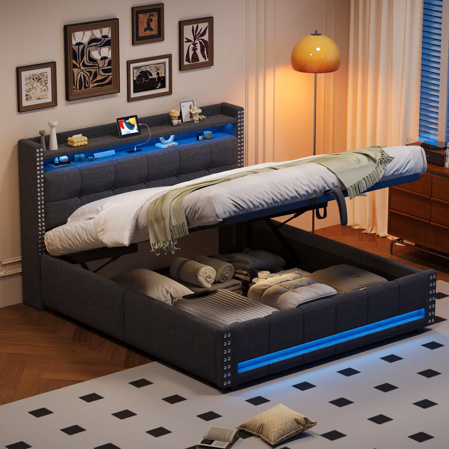 Letto imbottito Flieks 160x200cm con funzione di ricarica (USB e presa di corrente), letto a molle insacchettate con contenitore, letto per ragazzi letto matrimoniale con LED, biancheria, grigio