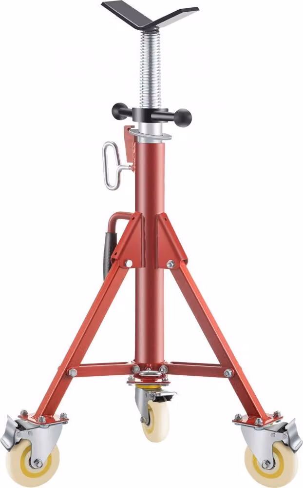 Modello 1107A - Supporto per tubi pieghevole con testa a V - Capacità di peso di 400 kg - Capacità del tubo di 0,32-30,48 cm - Supporto per tubi 71-131 cm regolabile - Supporto per tubi in acciaio con rotelle.
