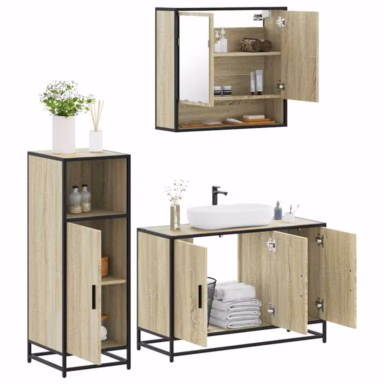 Set di mobili da bagno industrial vidaXL in legno e metallo marrone con armadietto specchio e mobile lavabo L/P/H: 90 x 33 x 60 cm