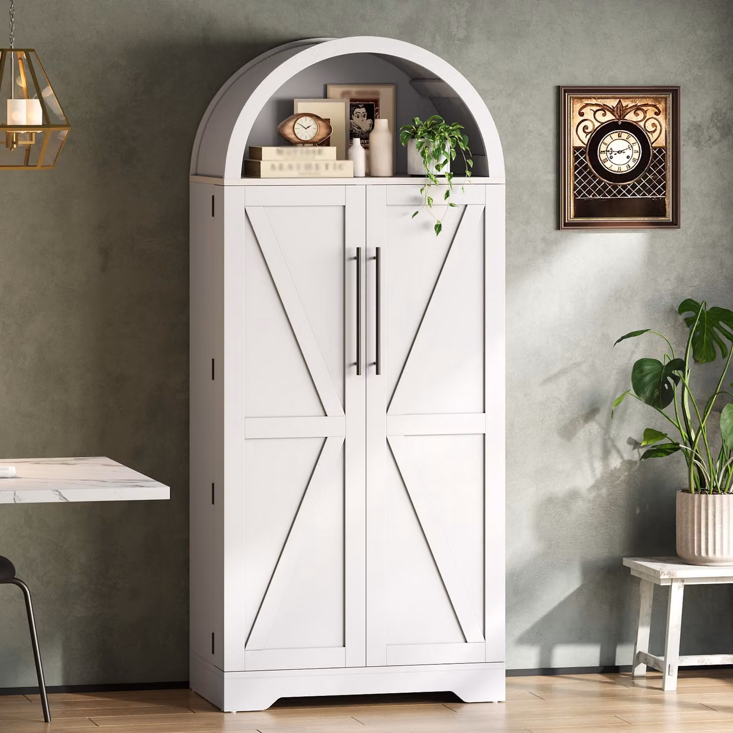Flieks: armadio a volta con ripiano sopra la porta e parte superiore aperta, mobile da cucina, armadio alto 70x40x165 cm, bianco