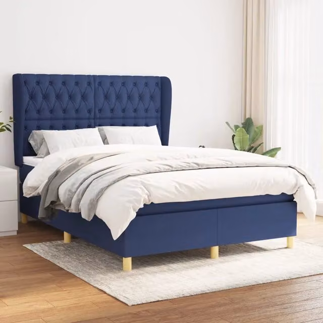 Letto Ibrido con Giroletto a Molle e Materasso vidaXL in Tessuto Blu e Bianco L/P: 140 x 190 cm – 1