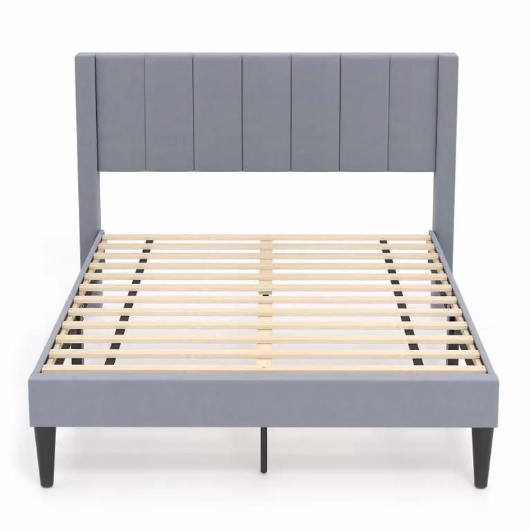 Struttura letto COSTWAY per materasso 200x140cm, struttura letto matrimoniale imbottita, letto a piattaforma con testiera, rete a doghe e cuscino per i piedi, grigio, modello I, L