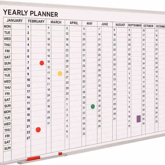 Tavolo magnetico bianco in acciaio con calendario annuale, mensile e settimanale per uso scolastico L: 90 cm, P: 60 cm