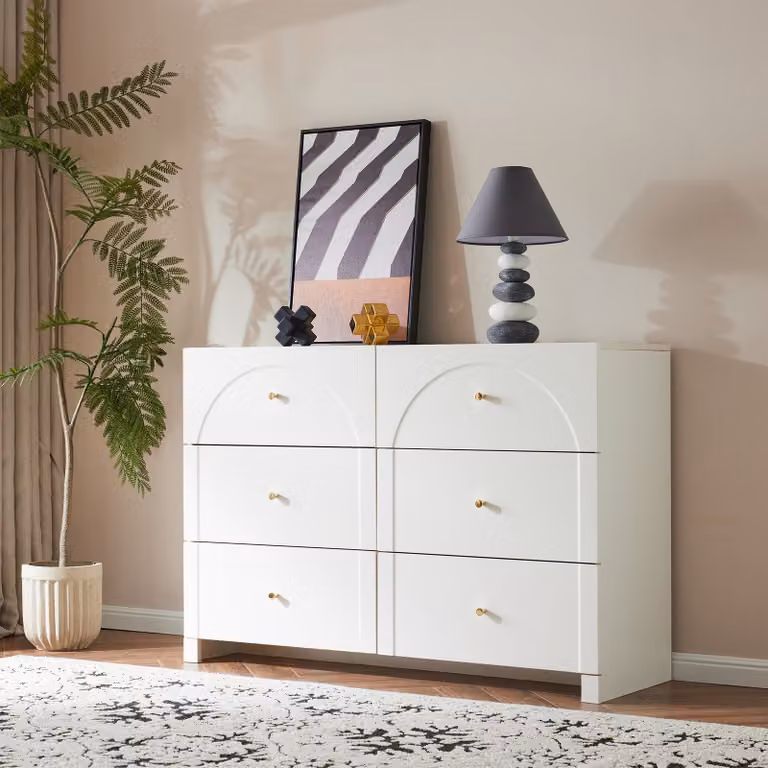 MODFU Mobile da cucina con 6 cassetti, Mobile buffet con gambe in metallo, per soggiorno e camera da letto, Bianco