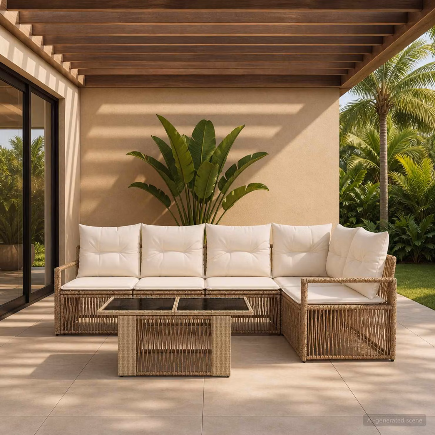 Set Divano da Giardino vidaXL 6 Pezzi in Polyrattan con Tavolino e Cuscini Beige e Bianco Crema