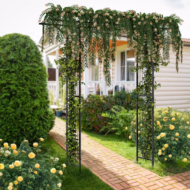 Gazebo da giardino decorativo in metallo nero Costway con tralicci per piante rampicanti e arco, L 200 cm x P 52 cm x H 206 cm