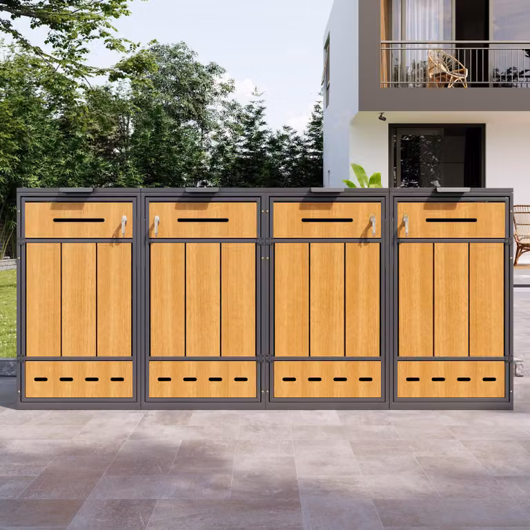 Flieks Box per bidoni della spazzatura 2 pezzi, armadio per bidoni della spazzatura con 4 bidoni da 120-240 litri, box per bidoni della spazzatura con ante e serrature, 264x80x118 cm, grigio
