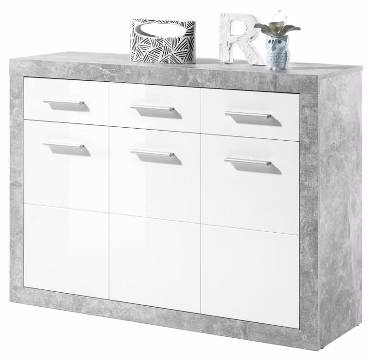 Comò STONE con cassetti, finitura effetto cemento, bianco lucido - Moderno comò