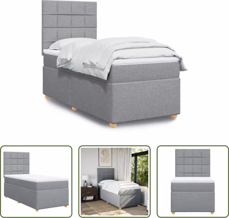 The Living Store Letto a molle con materasso grigio chiaro 90x190 cm in tessuto