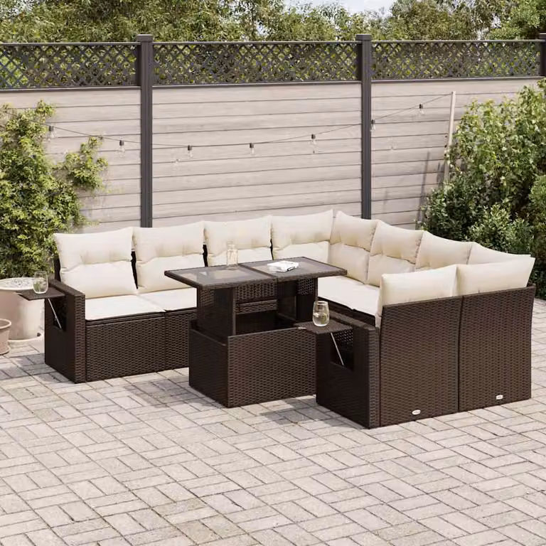 Set Divani da Giardino vidaXL 9 Pezzi con Cuscini e Tavolino in Polyrattan Marrone e Bianco con Struttura in Acciaio e Vetro
