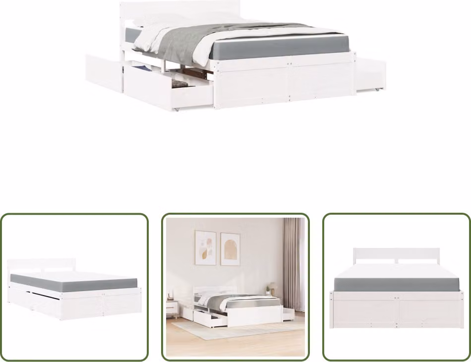 The Living Store Letto con cassetti e materasso bianco 120x200 cm in legno massiccio