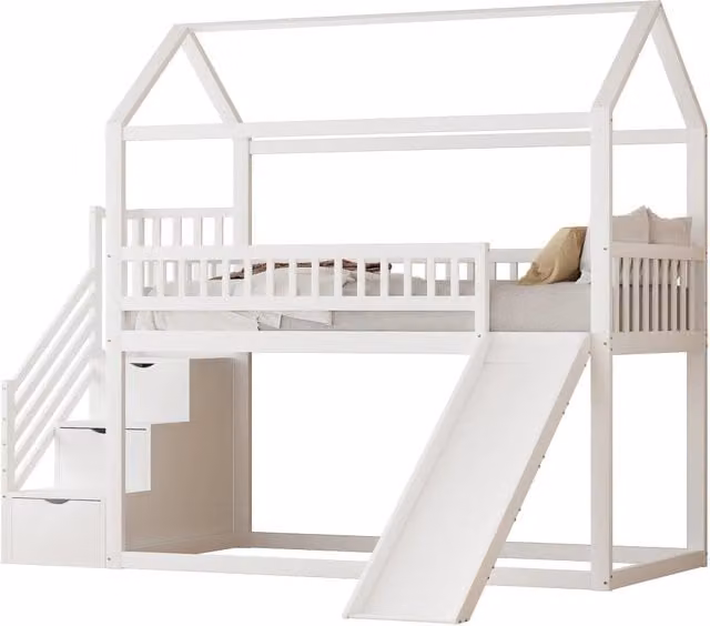 Letto a soppalco per bambini 90x200 cm con scivolo e scala contenitore; bianco