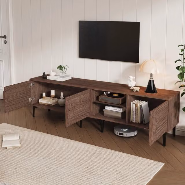Mobile TV Mivray moderno in marrone con 3 ante e 2 ripiani aperti, L: 180 cm, P: 35 cm, H: 49 cm