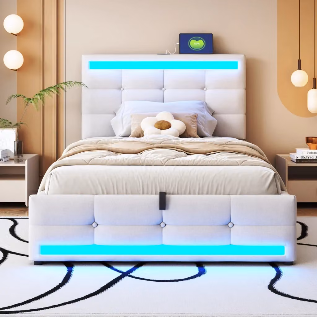 Letto singolo imbottito OKWISH in tessuto beige con base a sollevamento, porta USB, illuminazione LED sottostante e testiera regolabile, L/P/H: 90 x 200 x 112 cm – 2