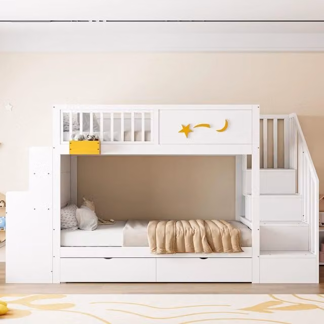 Letto a castello WISHDOR per bambini in legno di pino e MDF con scrivania, scala con contenitore e cassetti, bianco e giallo, L/P/H: 200 x 90 x 166 cm
