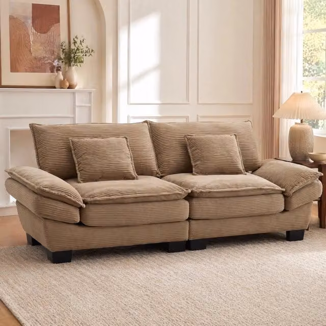 Divano 2 posti in corduroy khaki con braccioli e cuscini; 224x81x81 cm