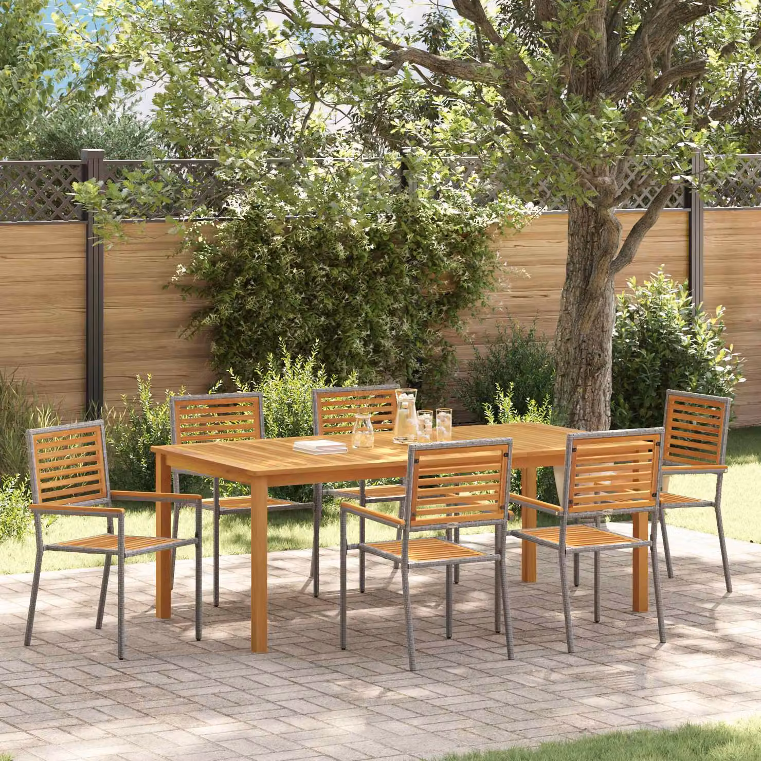 Set da Pranzo per Giardino e Terrazzo vidaXL in Polyrattan e Legno di Acacia 7 pz Grigio e Marrone – 1