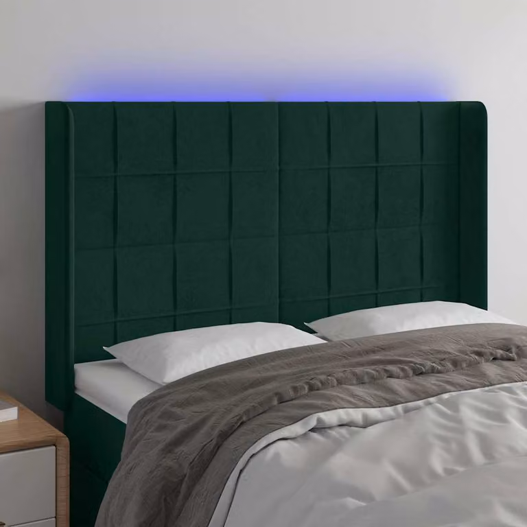 Testiera con LED vidaXL in Velluto Verde Scuro con Porte USB e Luci di Lettura, L: 147 cm, P: 16 cm, H: 118/128 cm