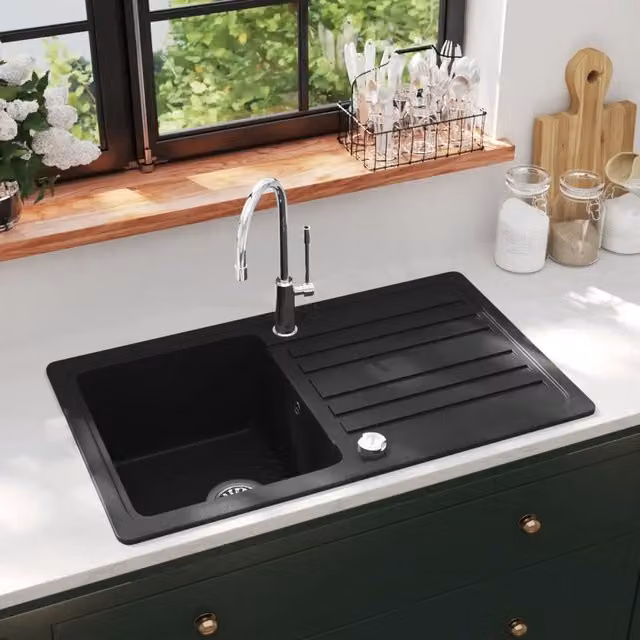 Lavandino da cucina in granito con scolapiatti reversibile nero vidaXL L/P/H: 76,5 x 46,0 x 19,0 cm – 1
