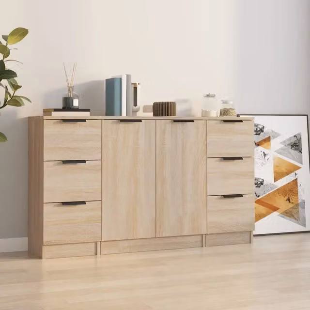 Set di 3 credenze vidaXL in legno multistrato beige per sala da pranzo, modello minimalista a parete