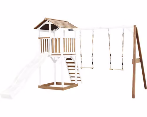 AXI Beach Tower parco giochi in legno in marrone e bianco | Torre di gioco con sabbiera, doppia altalena e scivolo bianco | Casa per bambini su palafitte per il giardino