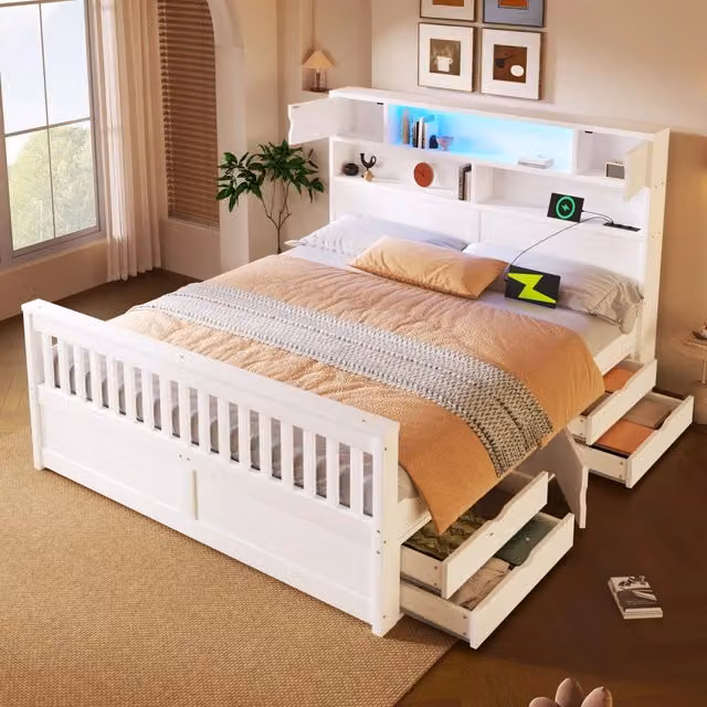 Letto a piattaforma 160 × 200 cm con testiera libreria LED quattro cassetti in MDF e compensato bianco