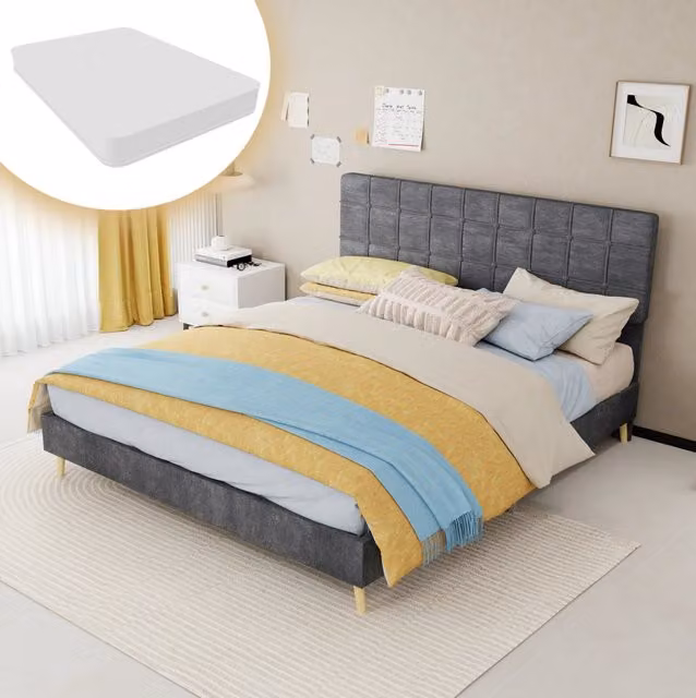 Letto 160 x 200 cm in tessuto grigio con testiera imbottita a quadri