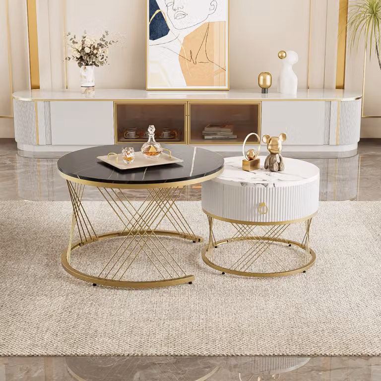 Set di 2 tavolini da salotto con cassetto Merax, tavolino con piano in marmo, tavolino da salotto dal design moderno con struttura in metallo, nero