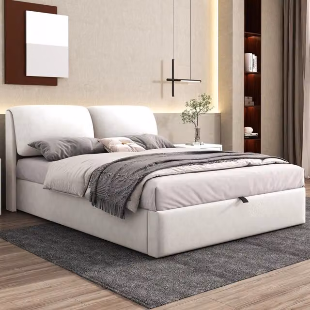 Letto contenitore 140 x 200 cm con 3 cassetti e contenitore, con testiera imbottita e rete a doghe, in velluto beige, materasso non incluso