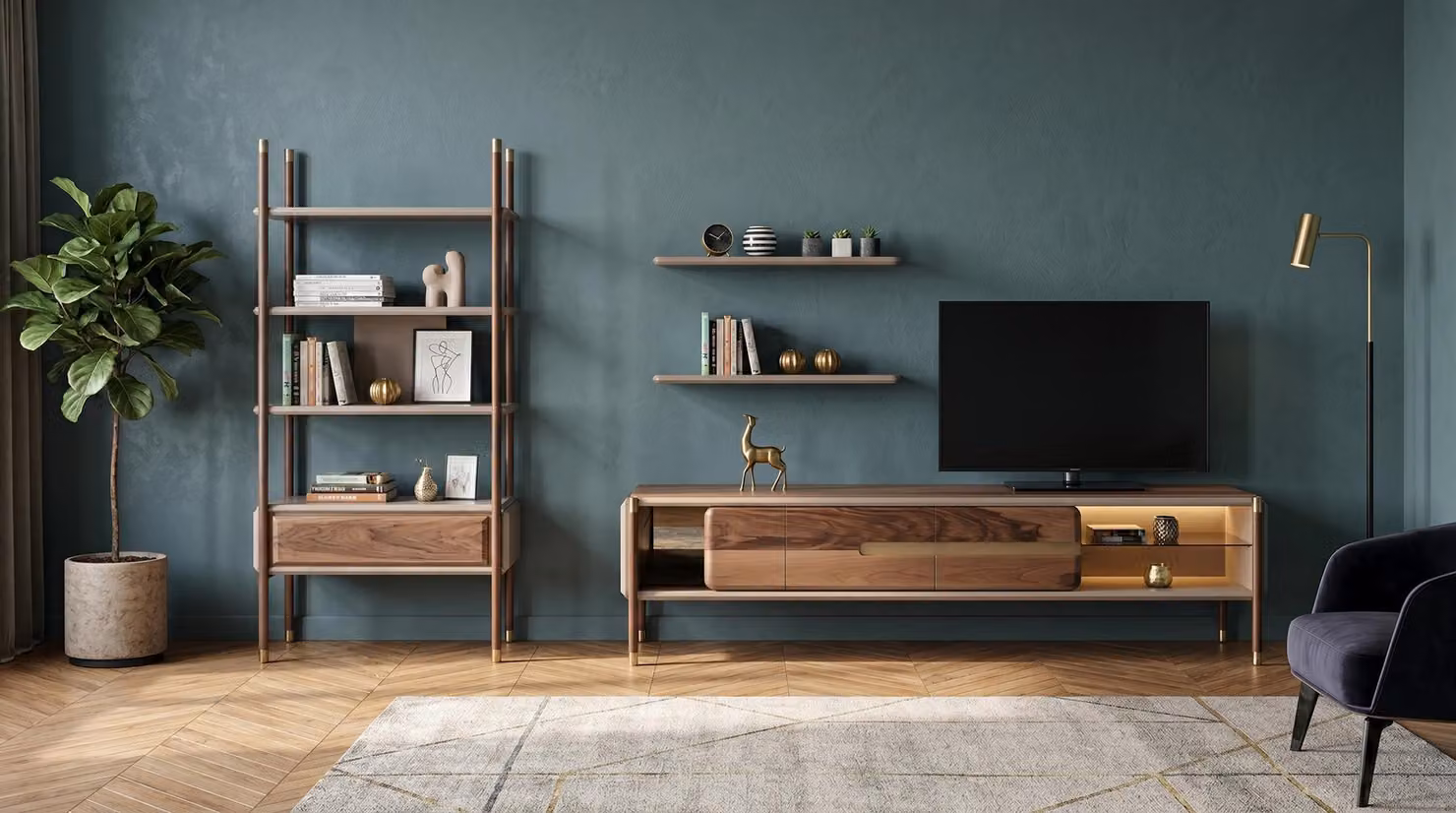 Elegante parete attrezzata per soggiorno, mobile TV a basso profilo con scaffali, mobili