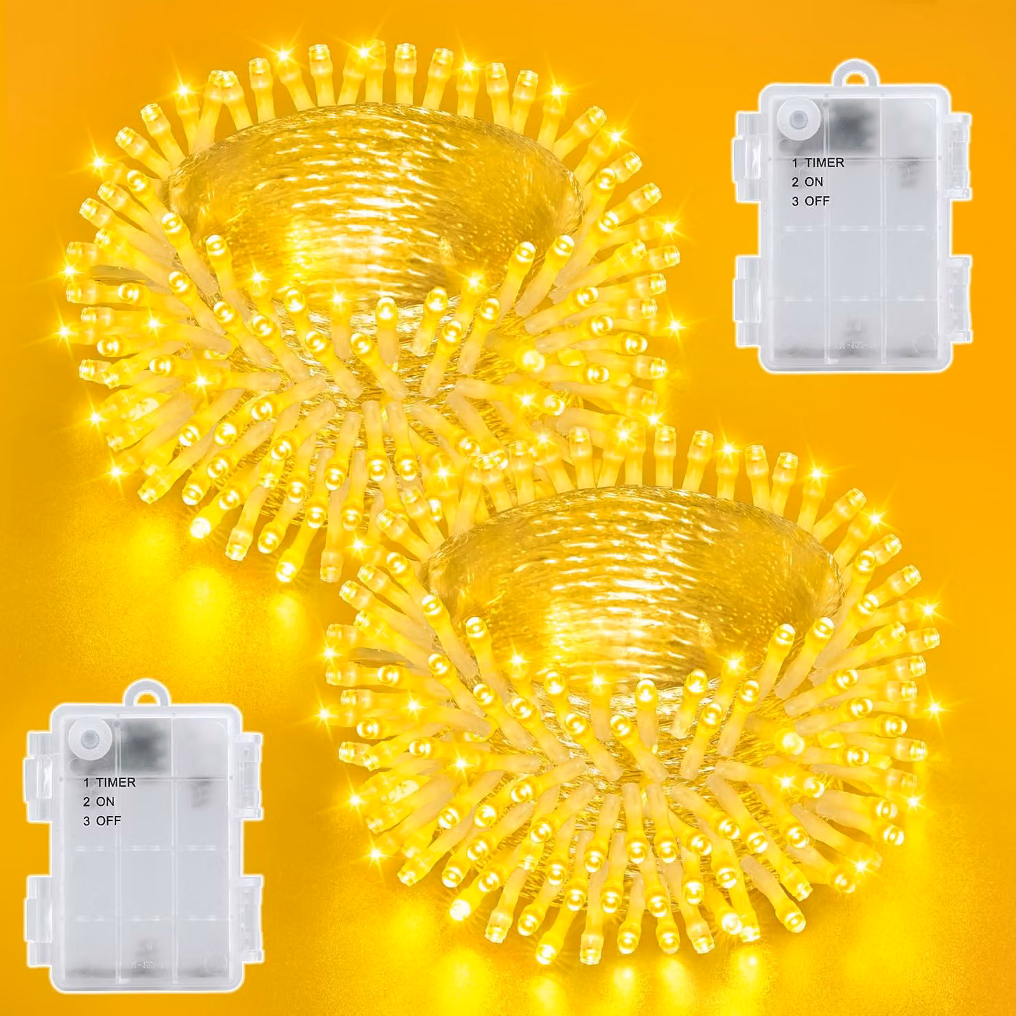 Catena luminosa da esterno, 5 metri, 50 LED, luce bianco caldo, grado di protezione IP65, con timer, alimentazione a batteria, confezione da 2