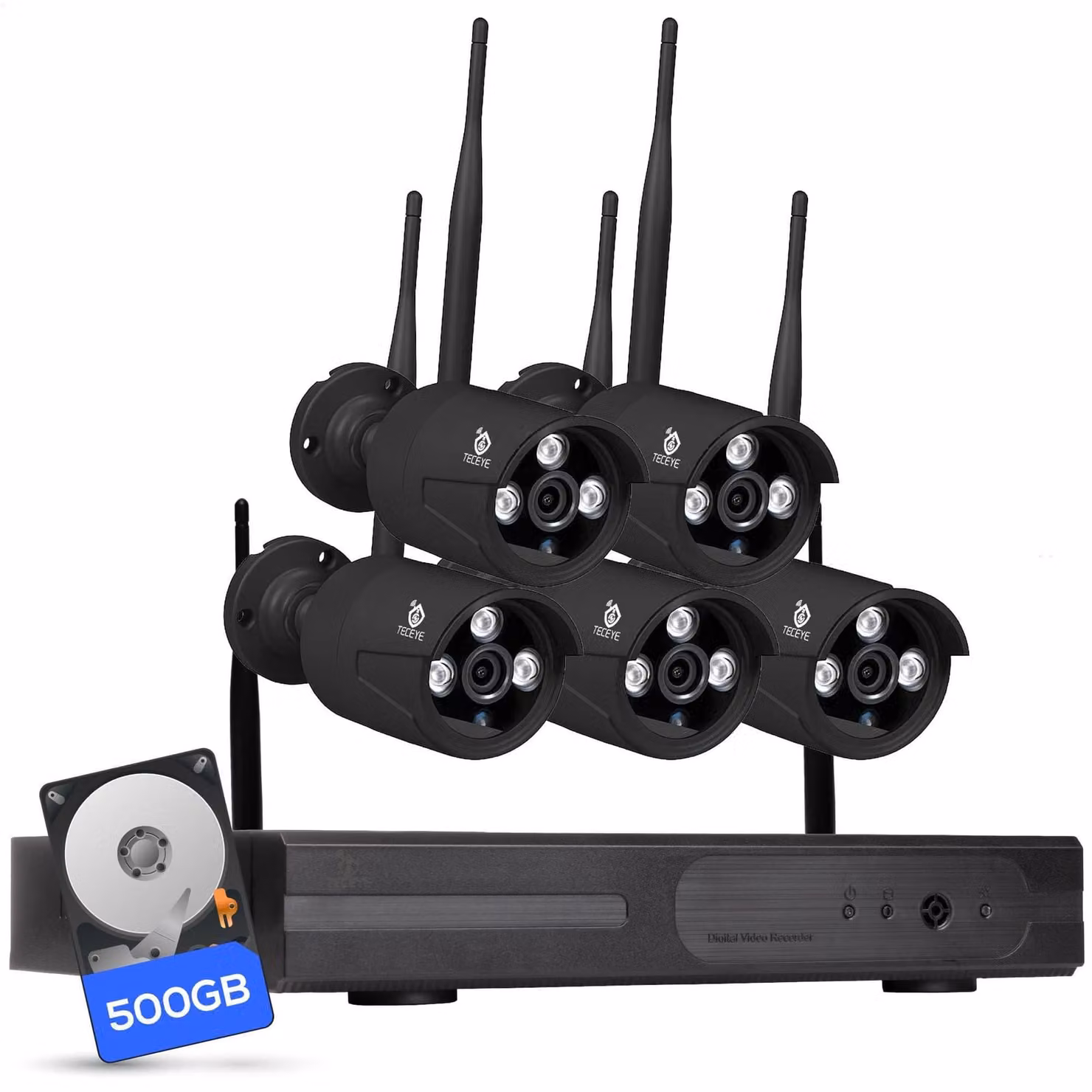 Telecamera di sicurezza esterna - 5 telecamere da 3MP - HDD da 500 GB - Visione notturna a 10 metri - Wireless Wi-Fi - Colore nero - Registratore NVR