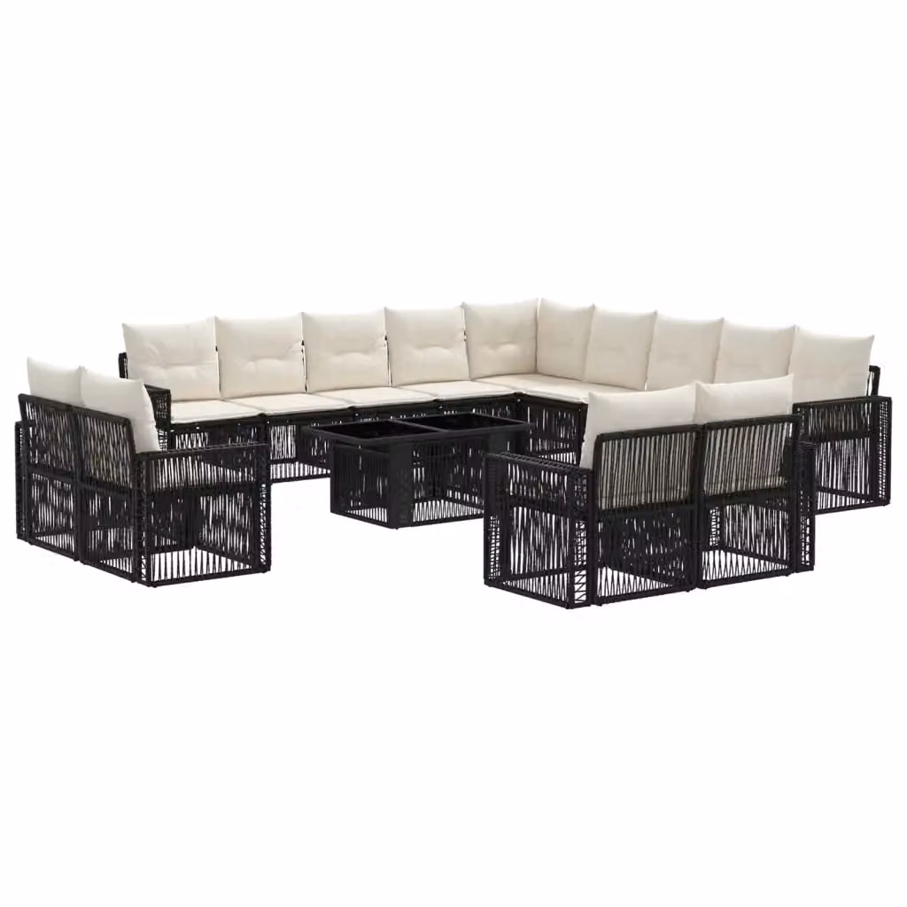 Set Divano da Giardino vidaXL a forma a U con Tavolino, 14 Pezzi, Nero e Bianco Crema, in Polyrattan e Acciaio Verniciato a Polvere – 2