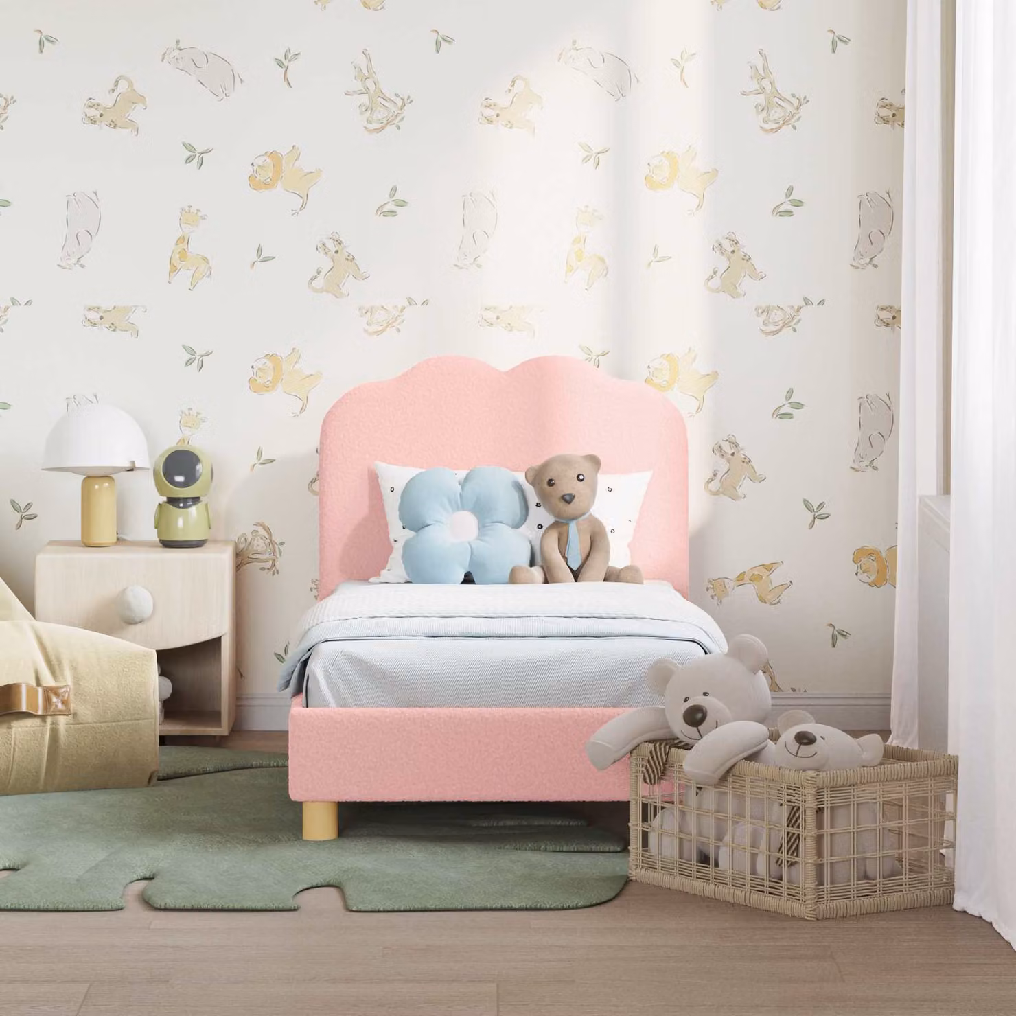 Struttura letto per bambini vidaXL con testata in tessuto bouclé rosa, L 140 x P 70 x H 79 cm