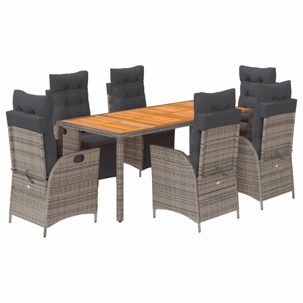 Set da Pranzo da Giardino 7 pz con Cuscini in Polyrattan Grigio