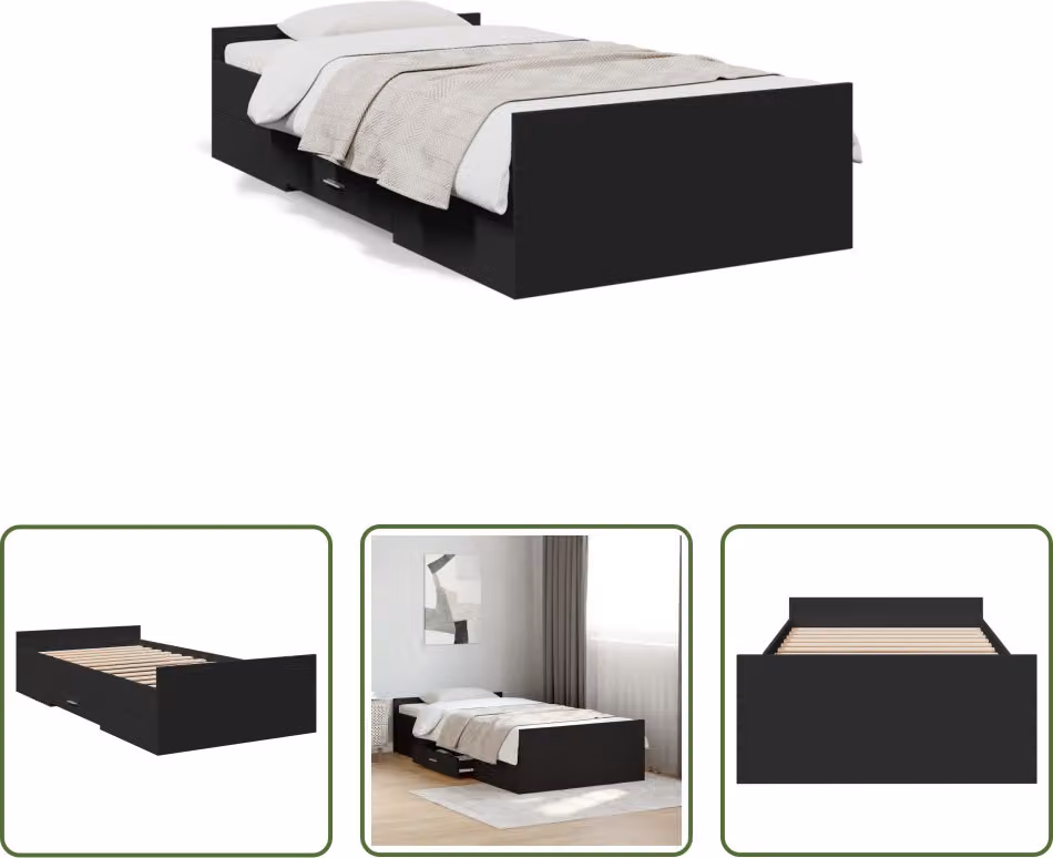 The Living Store Giroletto con cassetti nero 75x190 cm in materiale ligneo