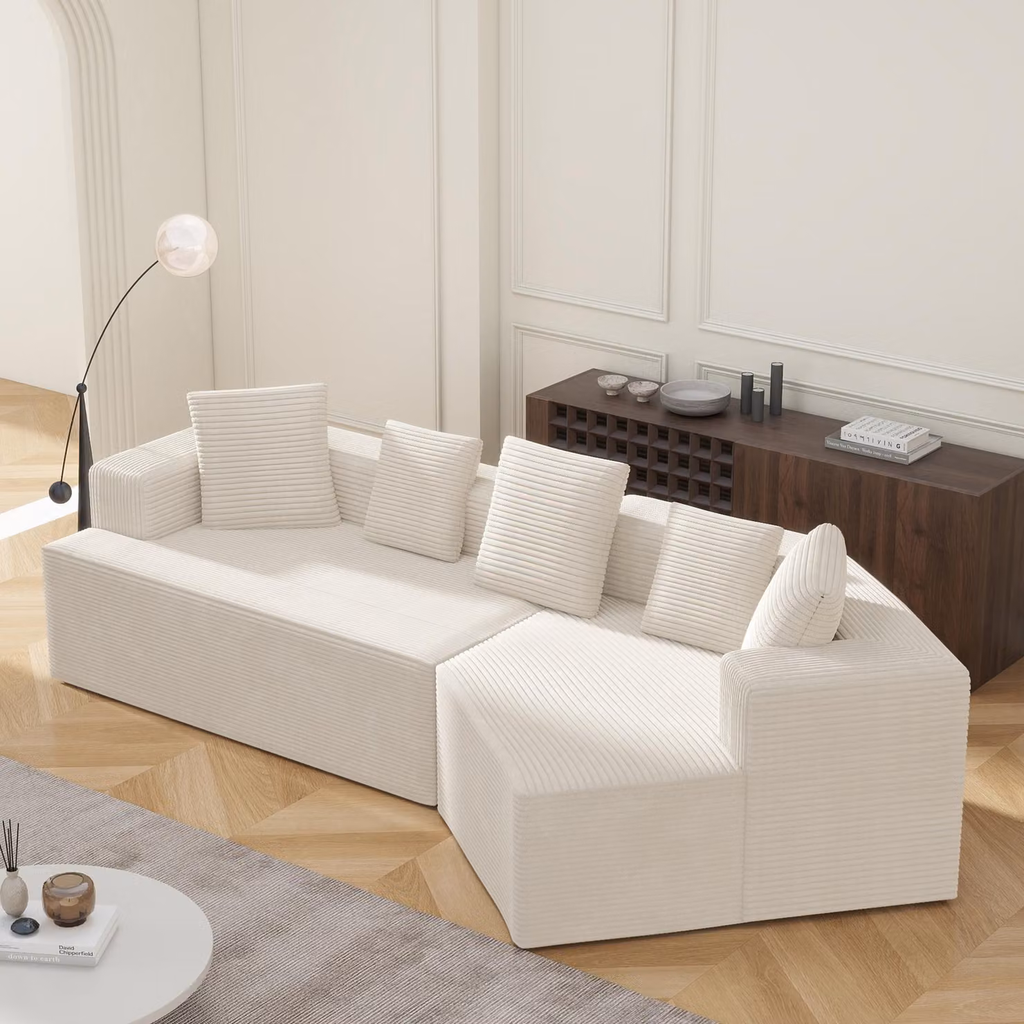 LVHOM Divano angolare modulare con funzione letto, Divano in tessuto Cord, Divano letto Senza montaggio, Bianco