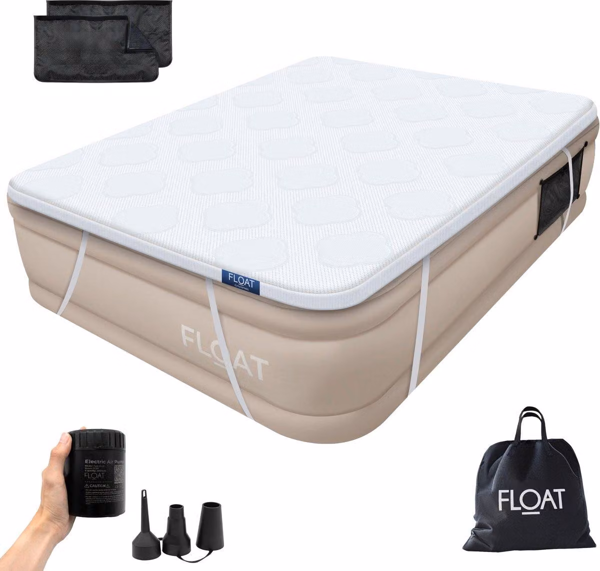 FLOAT CloudSpring - Materasso gonfiabile per 2 persone con rivestimento in schiuma (5 cm) - Gonfiaggio rapido in meno di 3 minuti - Include 2 sacchetti per riporlo, borsa per il trasporto e kit di riparazione - 203x152x46 cm - Materasso gonfiabile per due